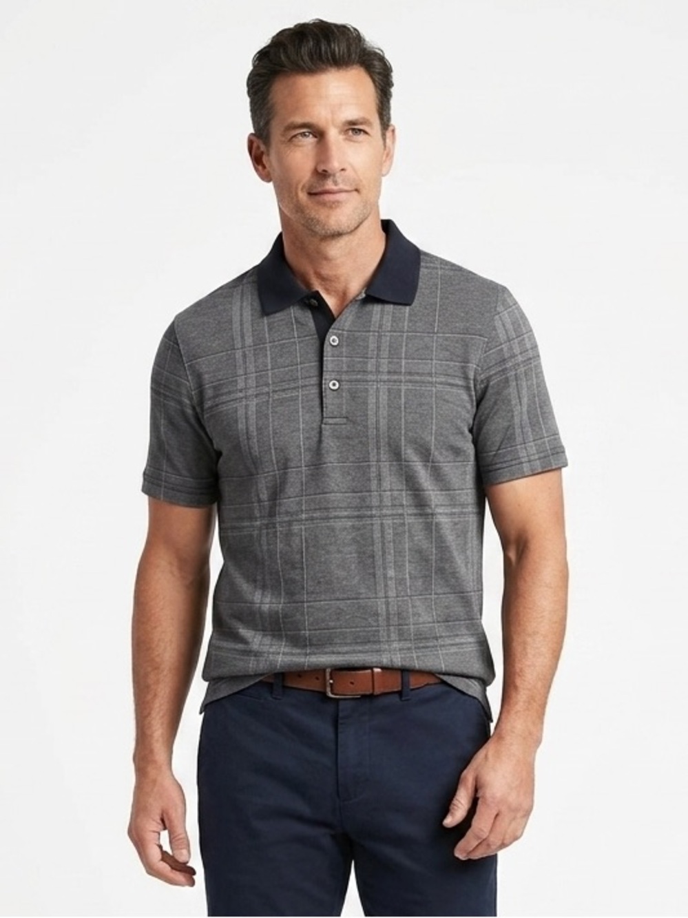Banana Republic Gray Plaid 100% Cotton Short Sleeve Polo Shirt Size Large